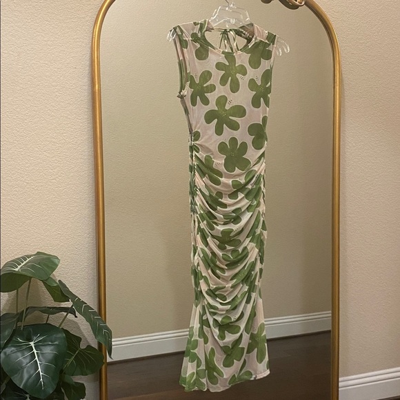 Simon Miller Tangier Printed Mesh Midi Dress in Green Seashell Flora Size XS - Picture 4 of 15
